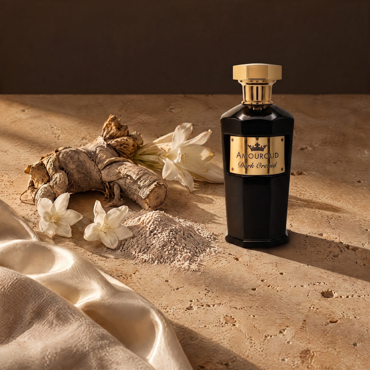 Amouroud Dark Orchid flacon, racines d'iris, fleurs blanches et soie
