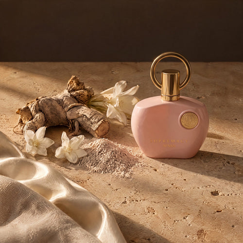 Afnan Supremacy Pink, mise en scène iris et fleurs blanches