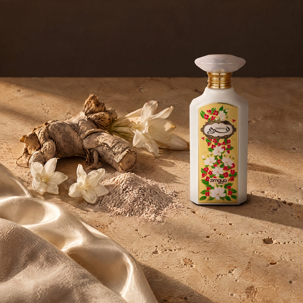 Zimaya Farah, mise en scène iris et fleurs blanches