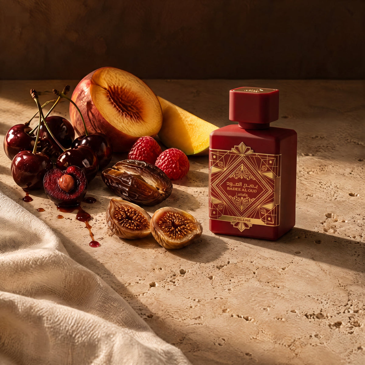 Lattafa Badee Al Oud Sublime, mise en scène fruits rouges et fruits mûrs