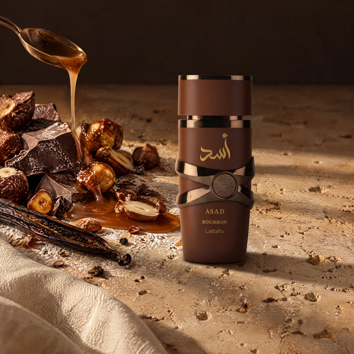 Lattafa Asad Bourbon, mise en scène gourmand praliné et sucré