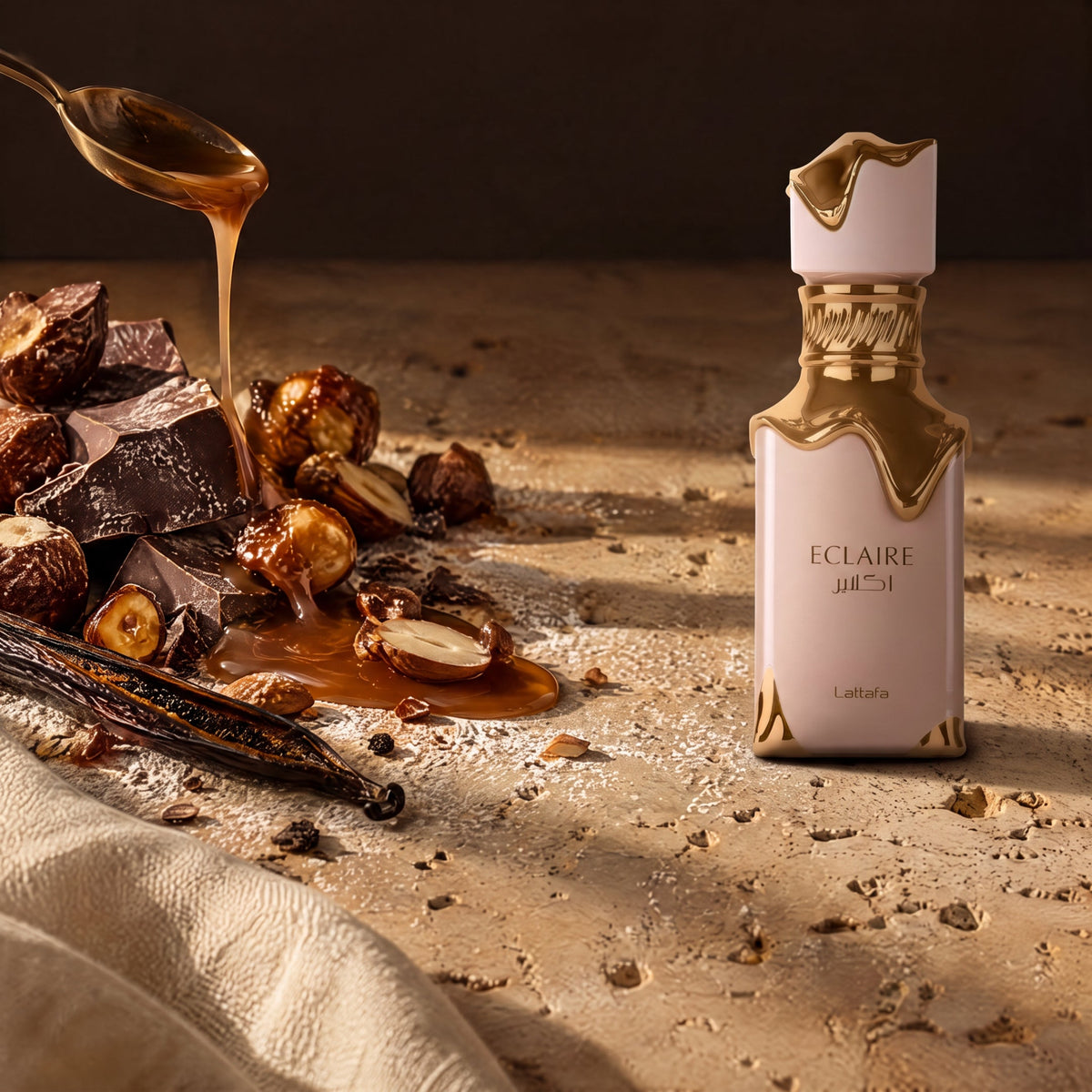 Lattafa Eclaire, mise en scène gourmand praliné et sucré