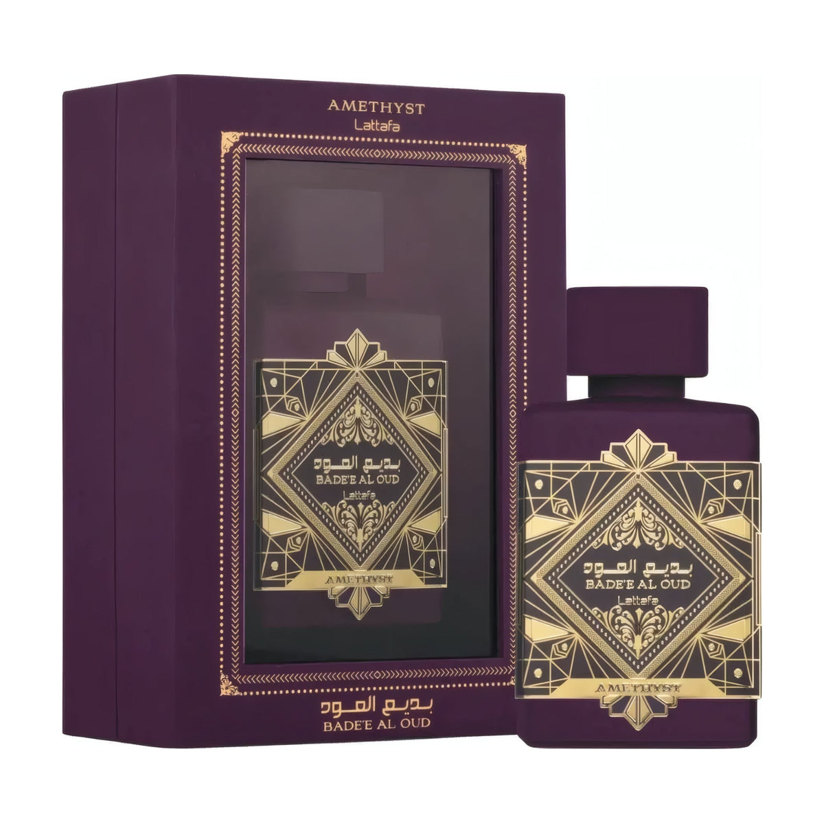 Lattafa Badee Al Oud Amethyst flacon et boîte