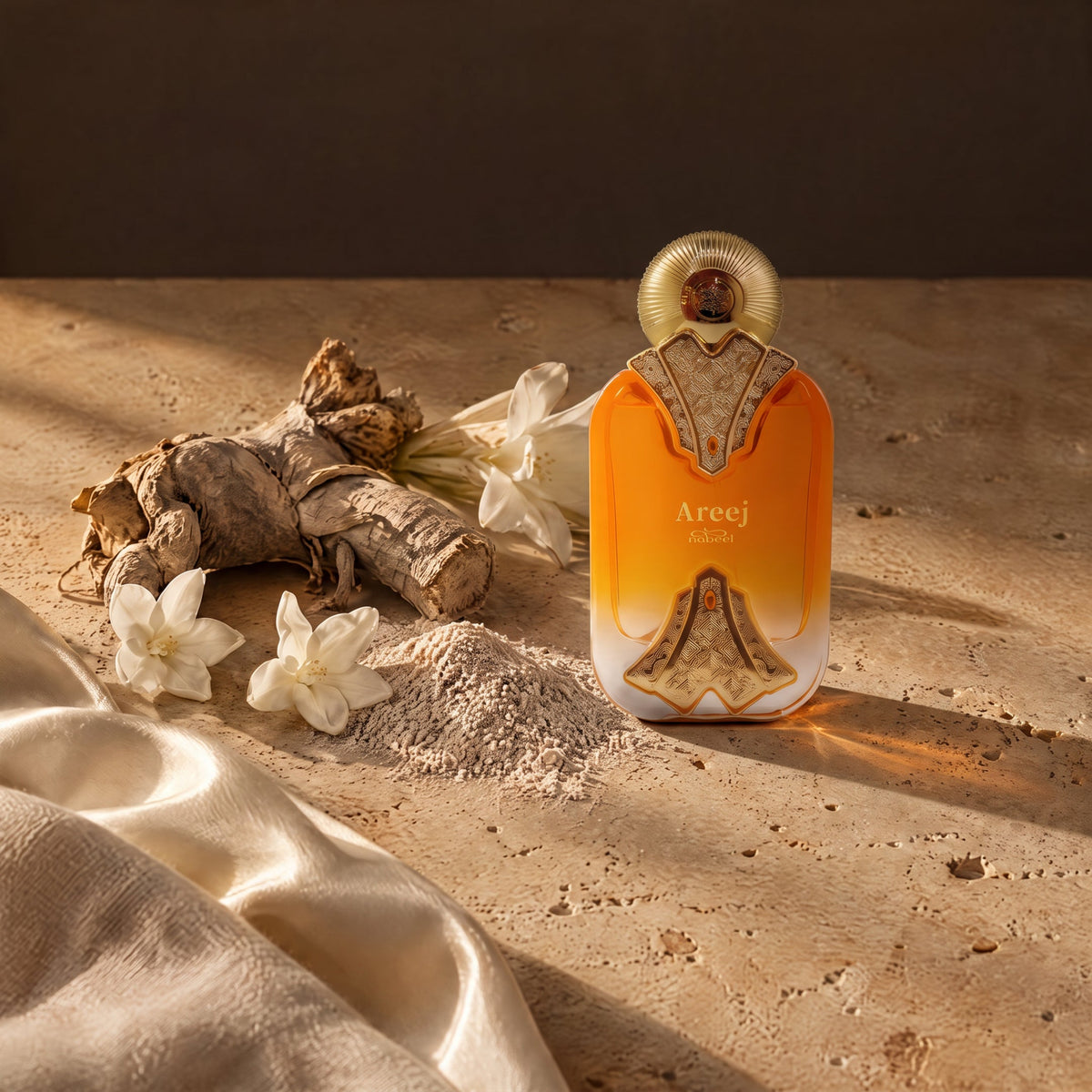 Nabeel Areej Luxus Edition, mise en scène iris et fleurs blanches