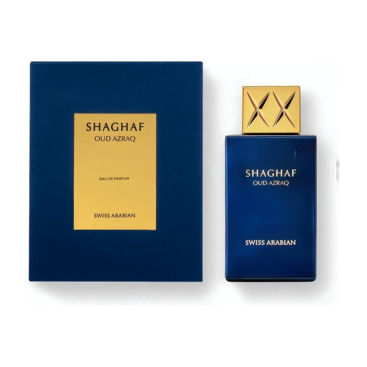 Swiss Arabian Shaghaf Oud Azraq — flacon et boite