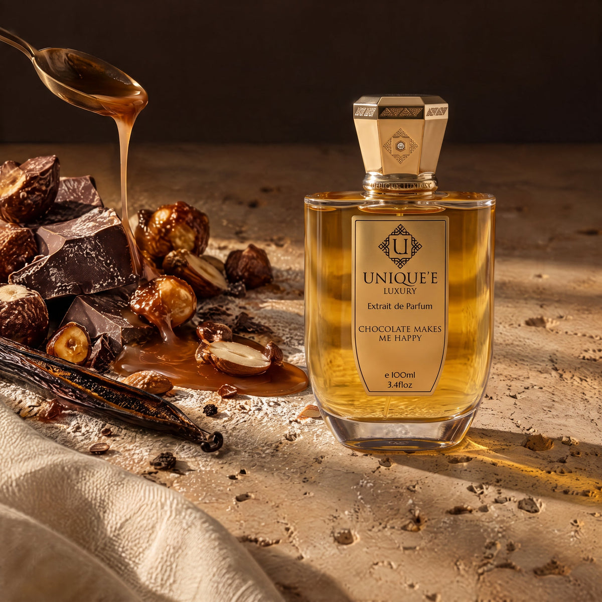 Unique'e Luxury Chocolate Makes Me Happy, mise en scène gourmand praliné et sucré