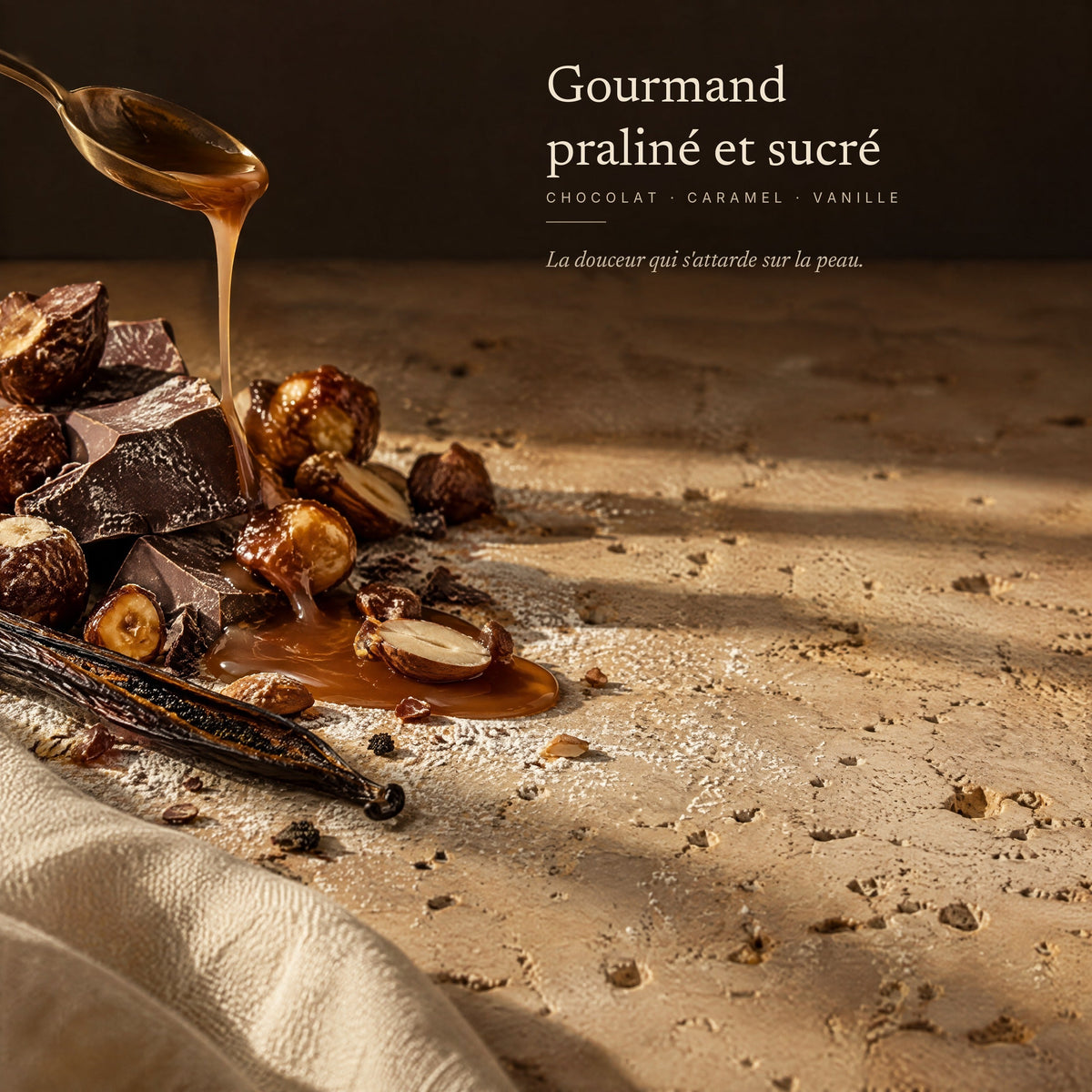 Gourmand praliné et sucré — chocolat, caramel, vanille